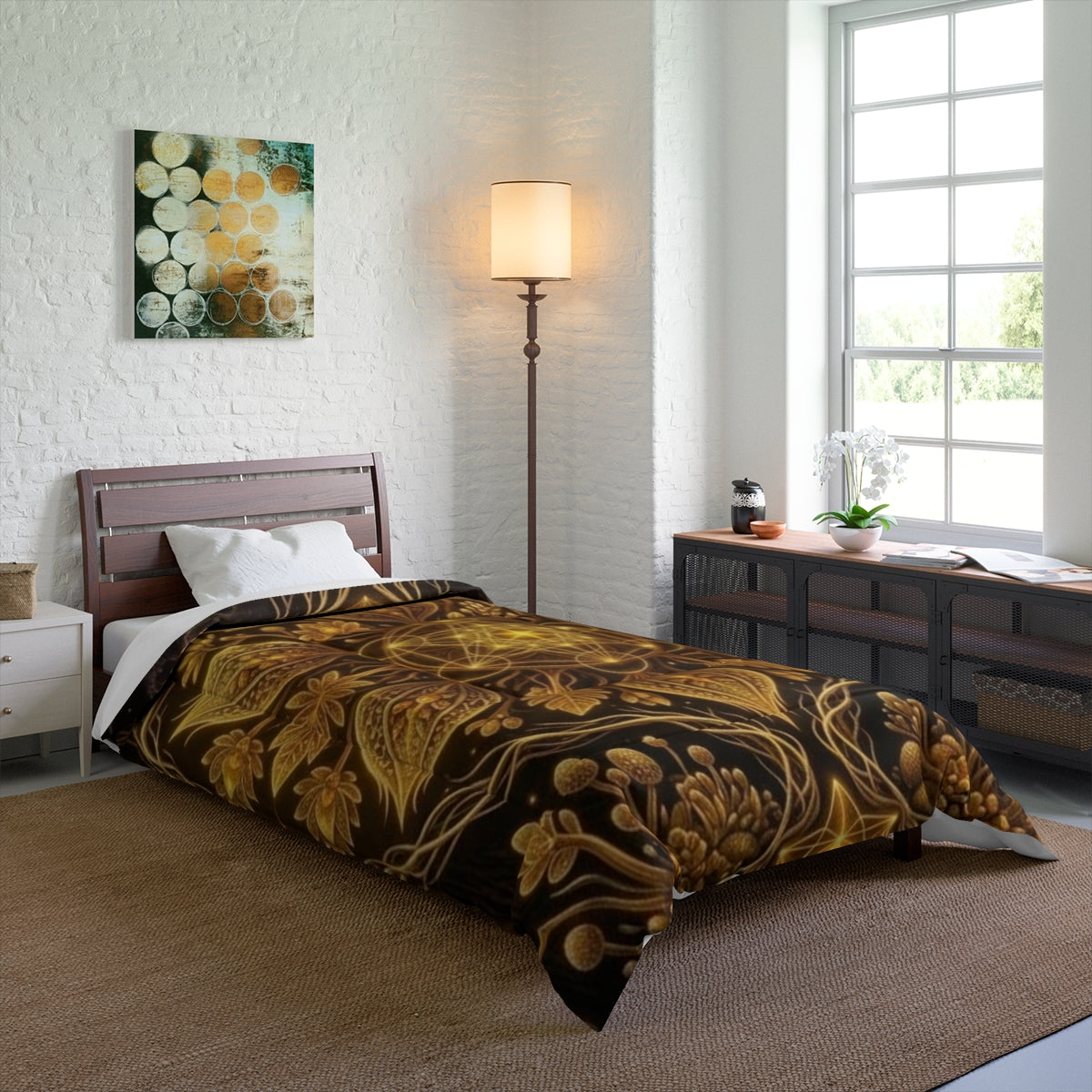 Golden Floral Mandala Comforter | Boho Botanical Bedding