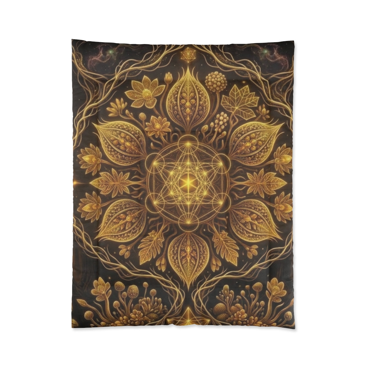 Golden Floral Mandala Comforter | Boho Botanical Bedding