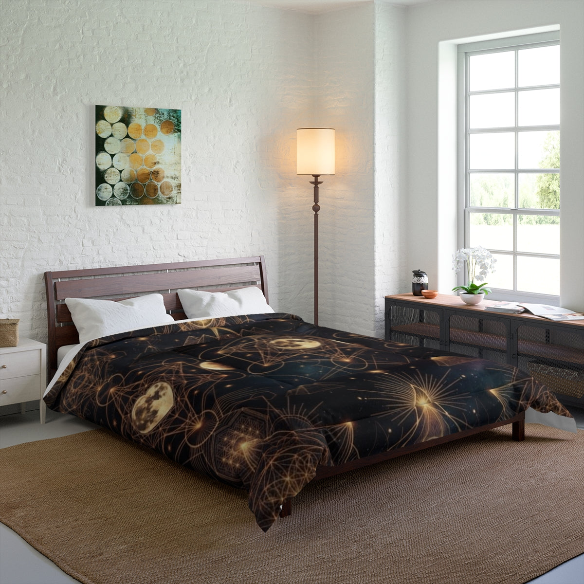 Moon Phases Sacred Geometry Comforter | Celestial Boho Bedding