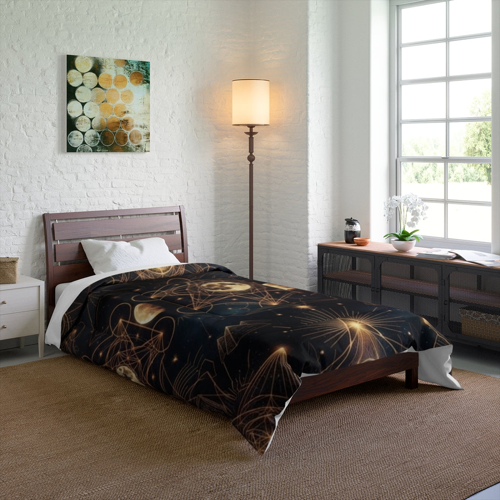 Moon Phases Sacred Geometry Comforter | Celestial Boho Bedding