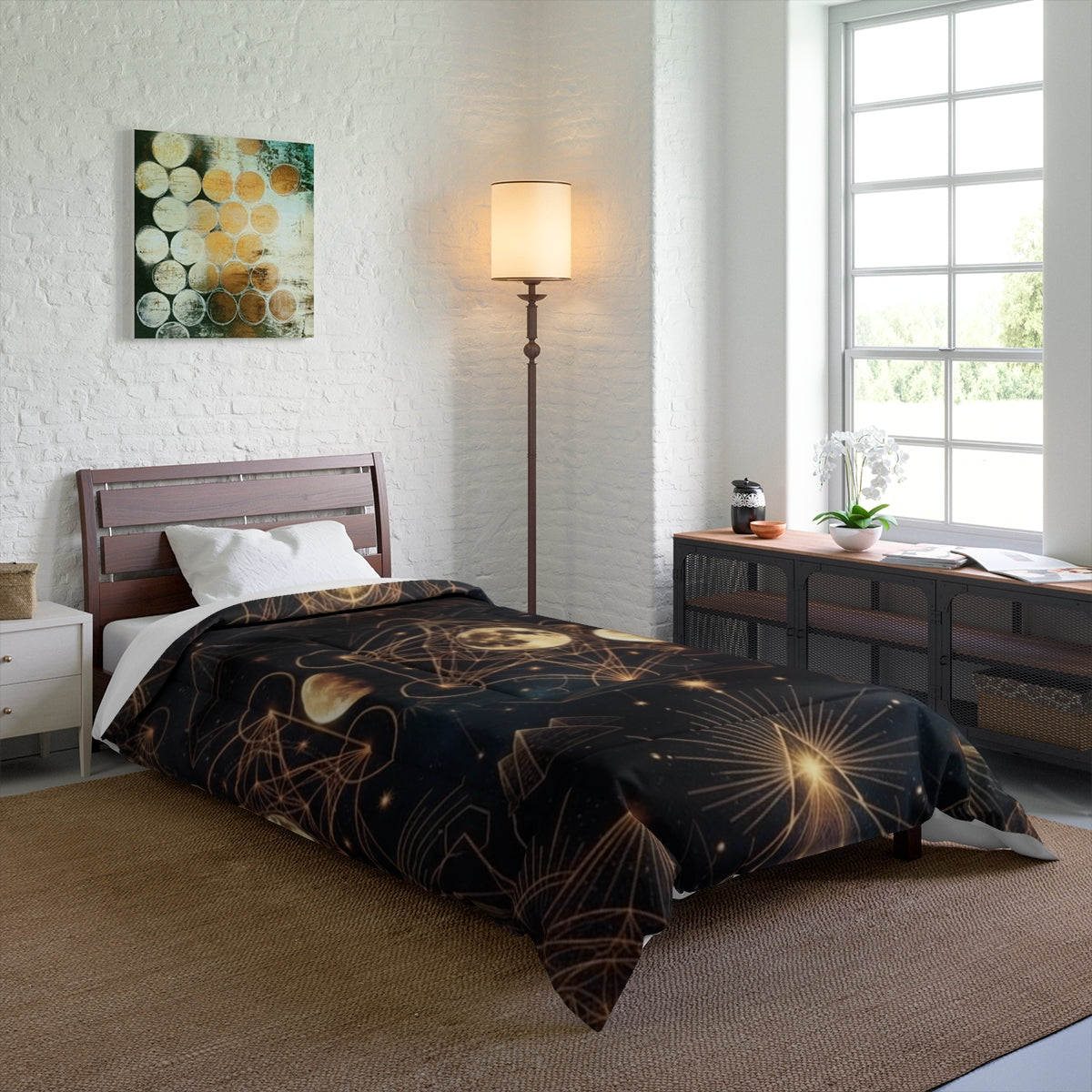 Moon Phases Sacred Geometry Comforter | Celestial Boho Bedding