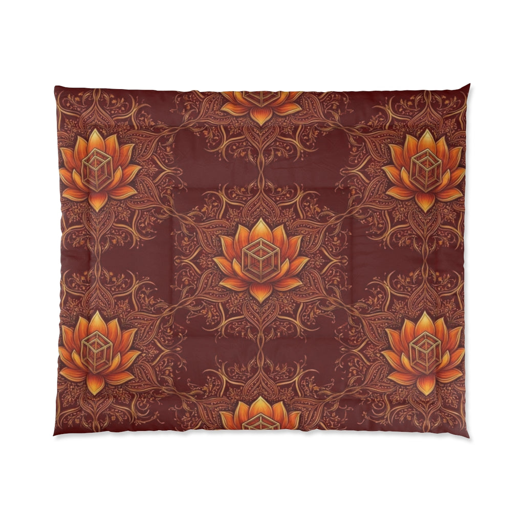Lotus Mandala Comforter | Boho Floral Pattern, Warm Rust Bedding