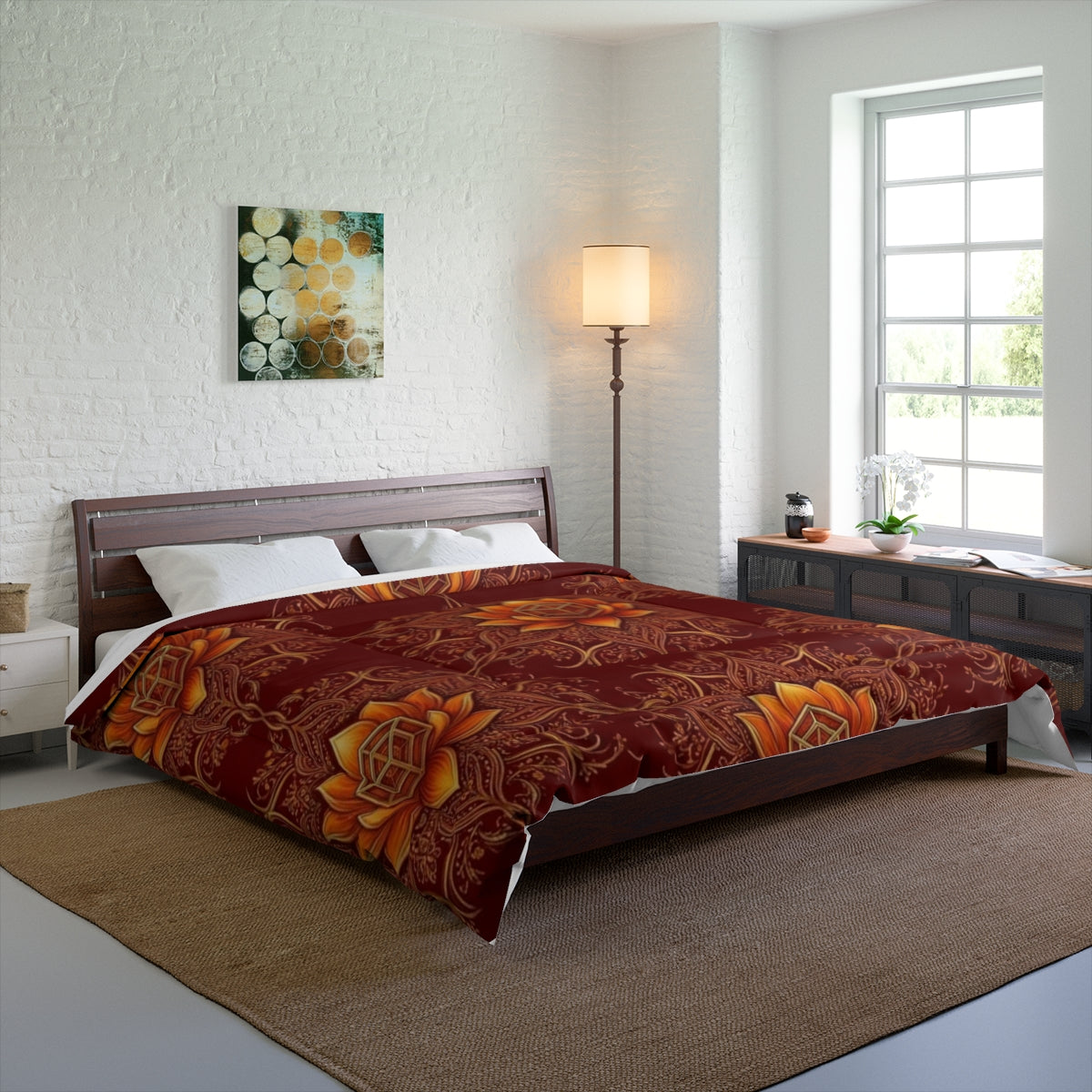 Lotus Mandala Comforter | Boho Floral Pattern, Warm Rust Bedding