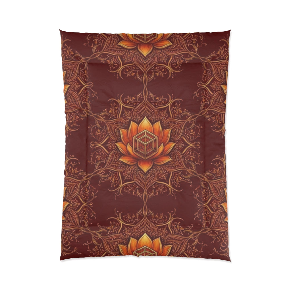 Lotus Mandala Comforter | Boho Floral Pattern, Warm Rust Bedding