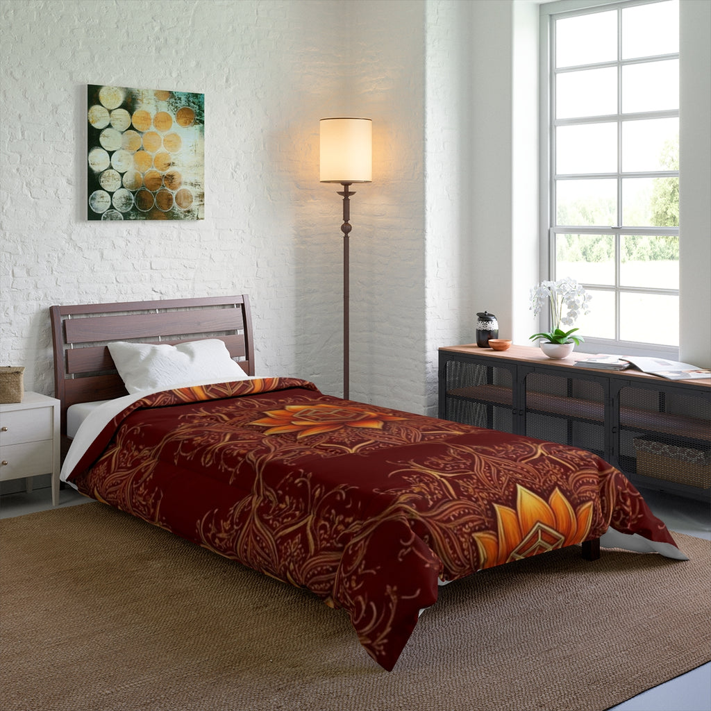 Lotus Mandala Comforter | Boho Floral Pattern, Warm Rust Bedding