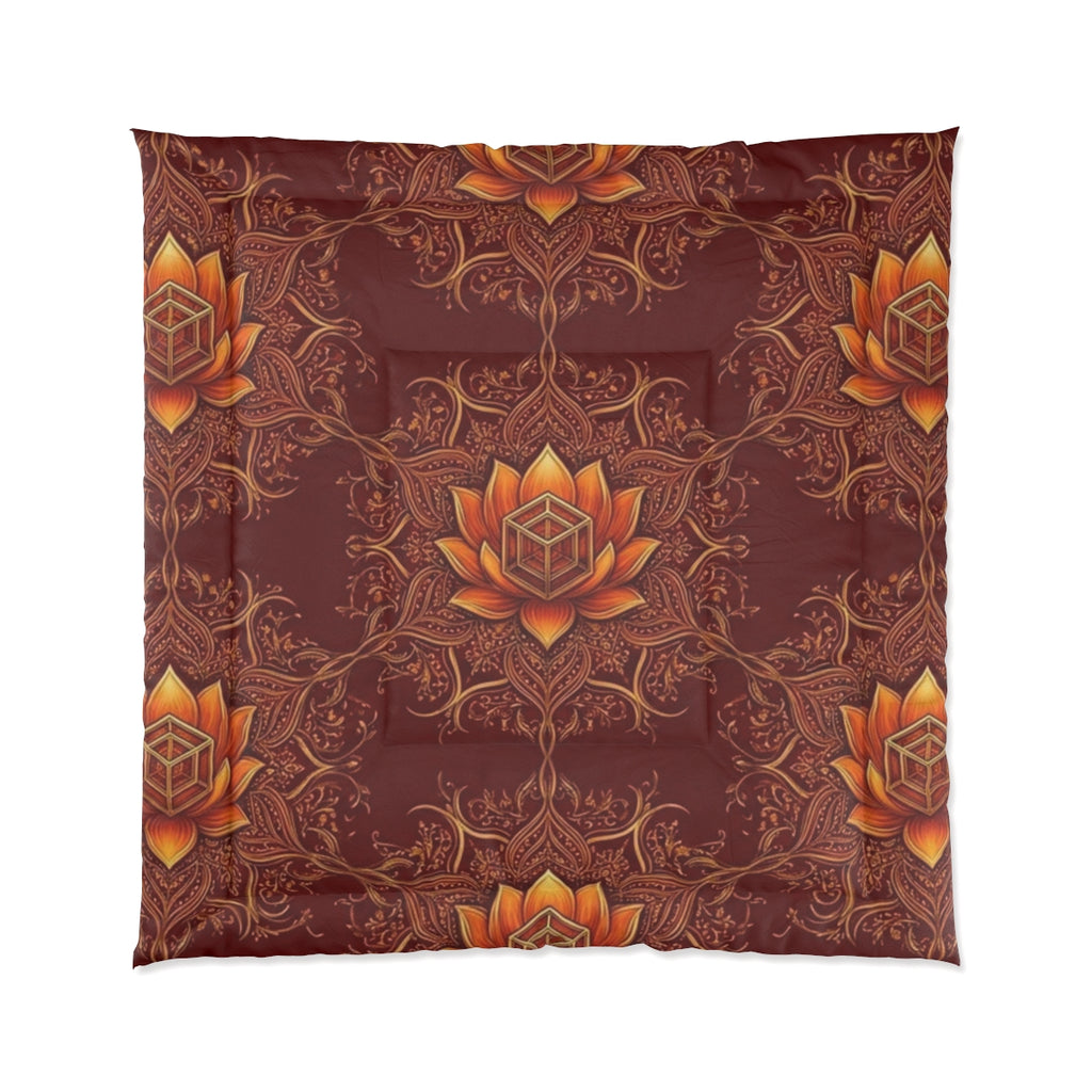 Lotus Mandala Comforter | Boho Floral Pattern, Warm Rust Bedding