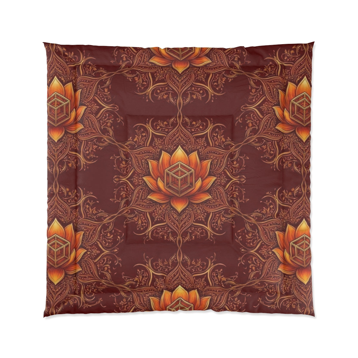 Lotus Mandala Comforter | Boho Floral Pattern, Warm Rust Bedding