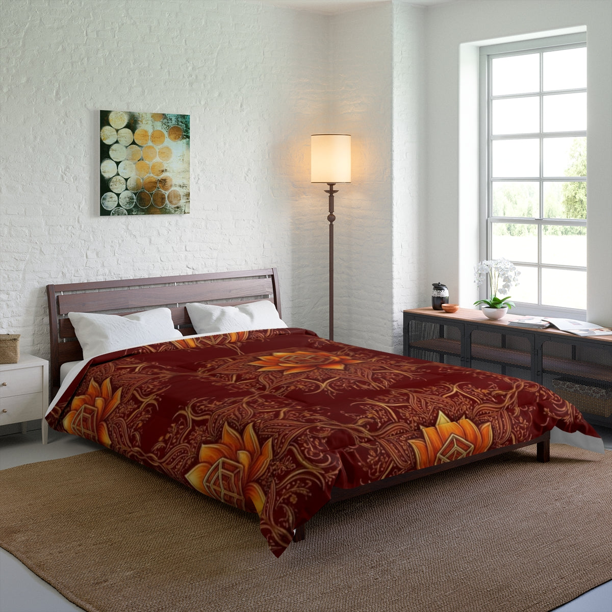 Lotus Mandala Comforter | Boho Floral Pattern, Warm Rust Bedding