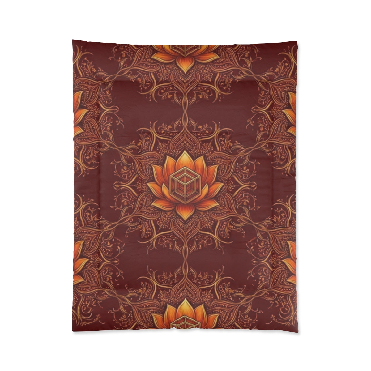 Lotus Mandala Comforter | Boho Floral Pattern, Warm Rust Bedding