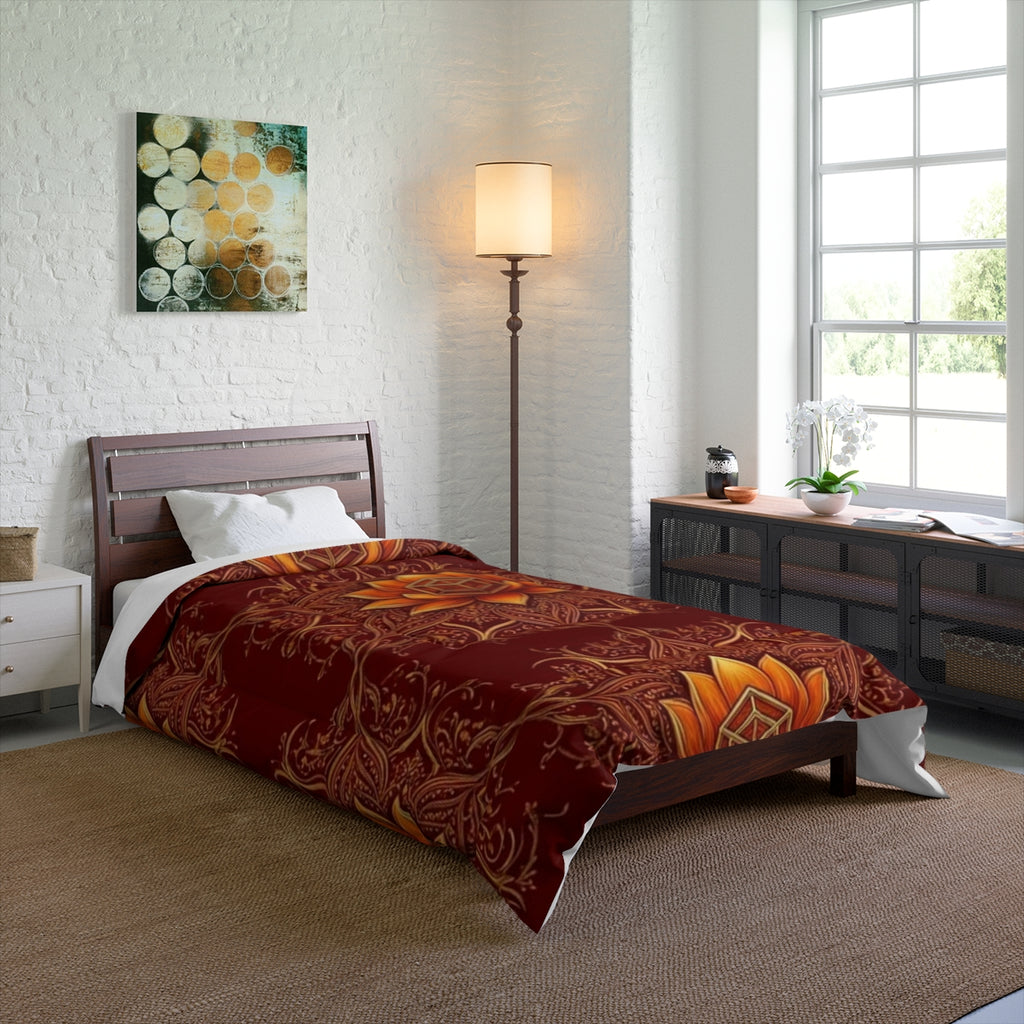 Lotus Mandala Comforter | Boho Floral Pattern, Warm Rust Bedding