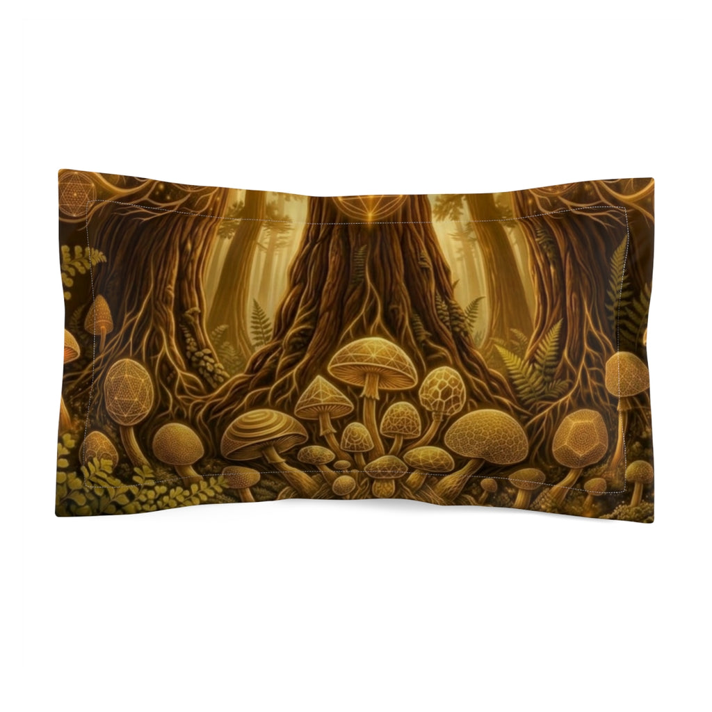 Enchanted Forest Mushrooms pillow sham | woodland tree roots, golden fungi pattern