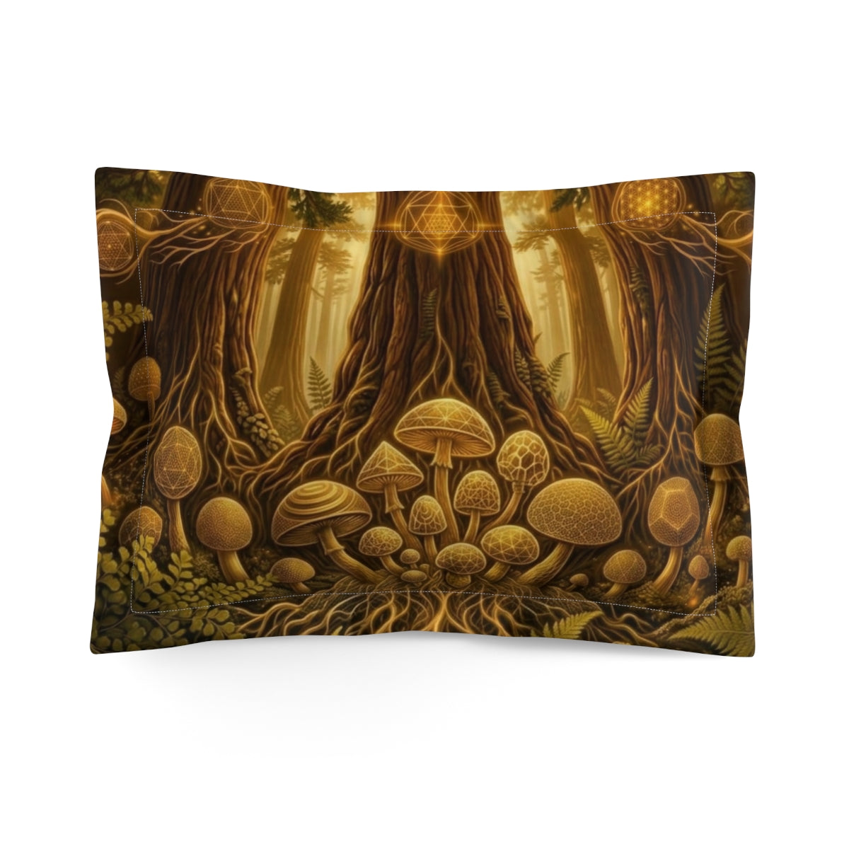 Enchanted Forest Mushrooms pillow sham | woodland tree roots, golden fungi pattern