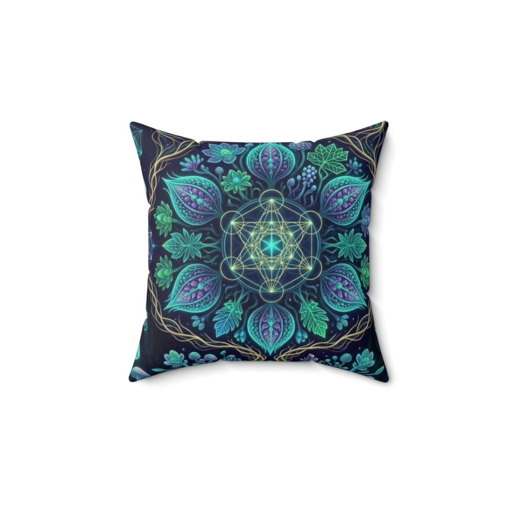 Teal Mandala Geometric Pattern Pillow | Faux Suede Square Pillow
