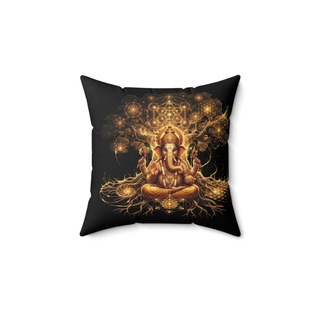 Golden Ganesha Illustration Faux Suede Square Pillow | Hindu Deity Home Decor