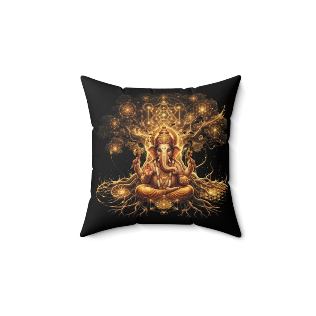 Golden Ganesha Illustration Faux Suede Square Pillow | Hindu Deity Home Decor