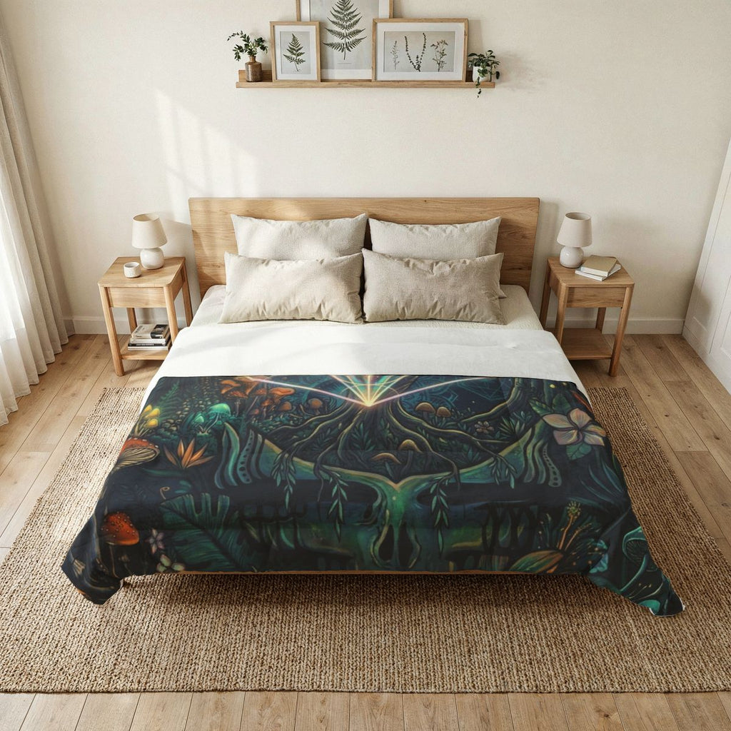 Deadhead Sacred Geometry Forest Cotton Comforter | Mystic Mushroom Woodland