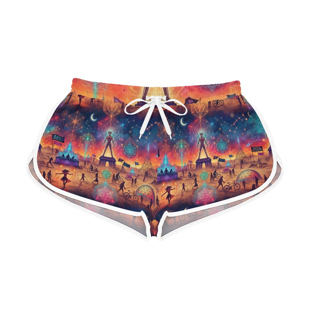 Burning Man Playa Festival Skyline Shorts | Colorful Carnival Night AOP Printed Shorts