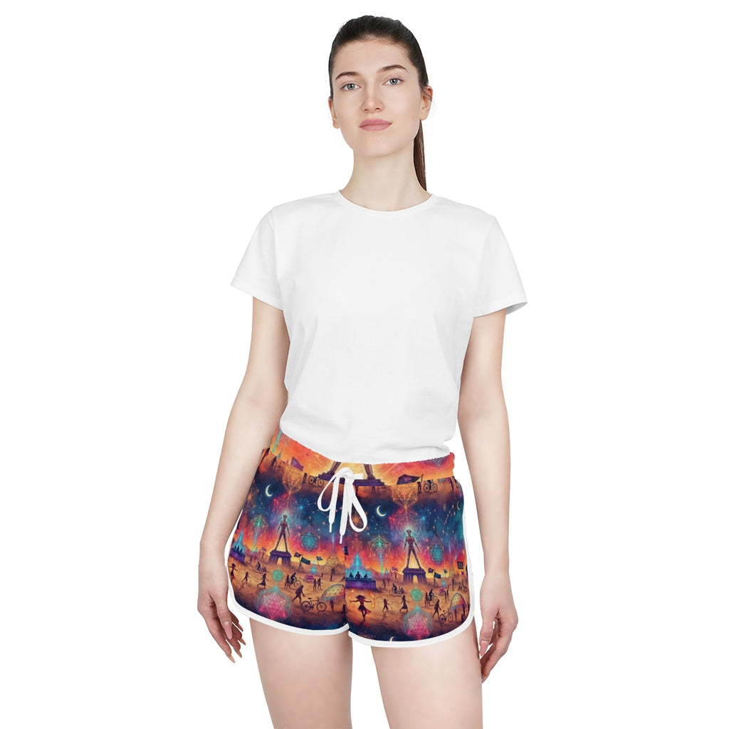 Burning Man Playa Festival Skyline Shorts | Colorful Carnival Night AOP Printed Shorts