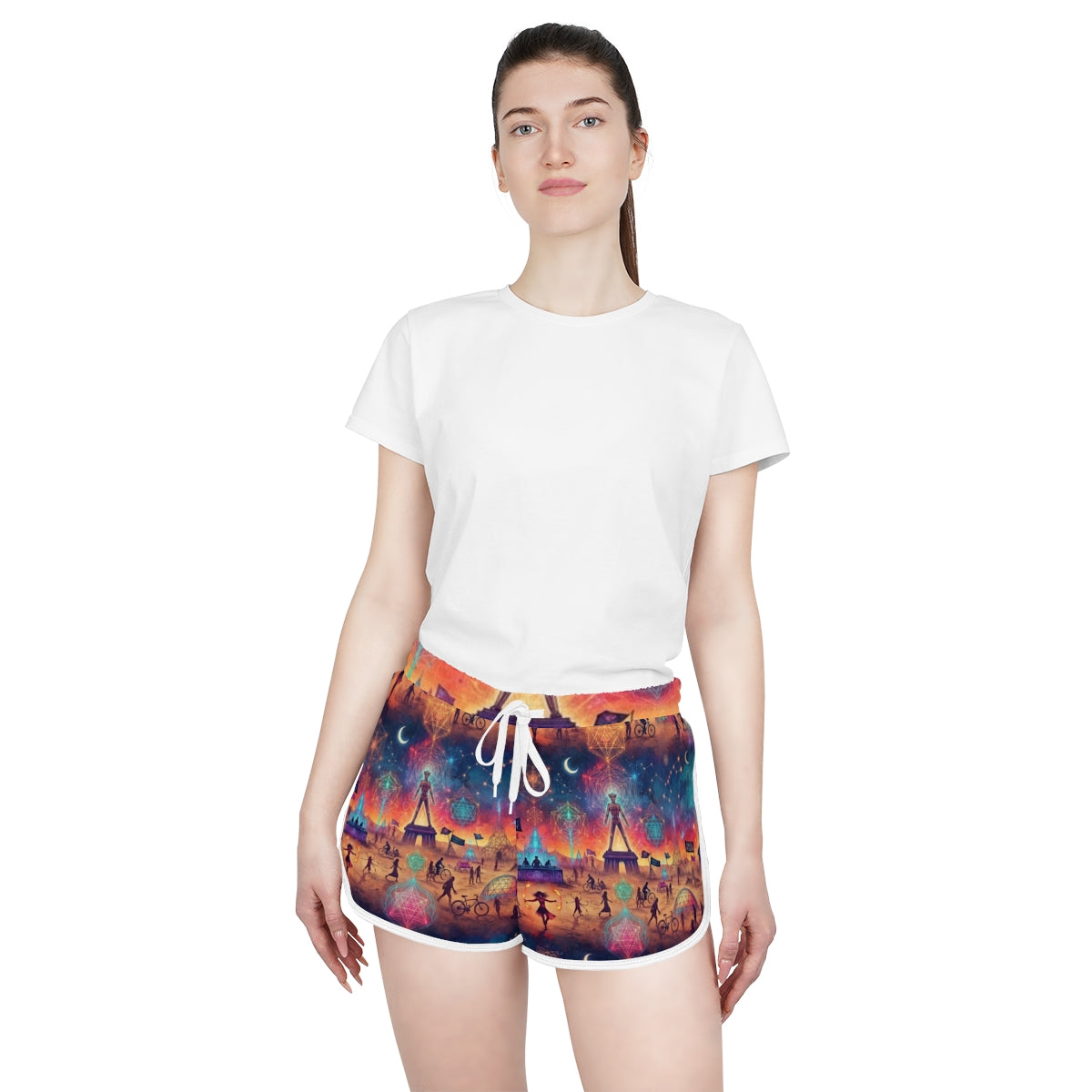 Burning Man Playa Festival Skyline Shorts | Colorful Carnival Night AOP Printed Shorts