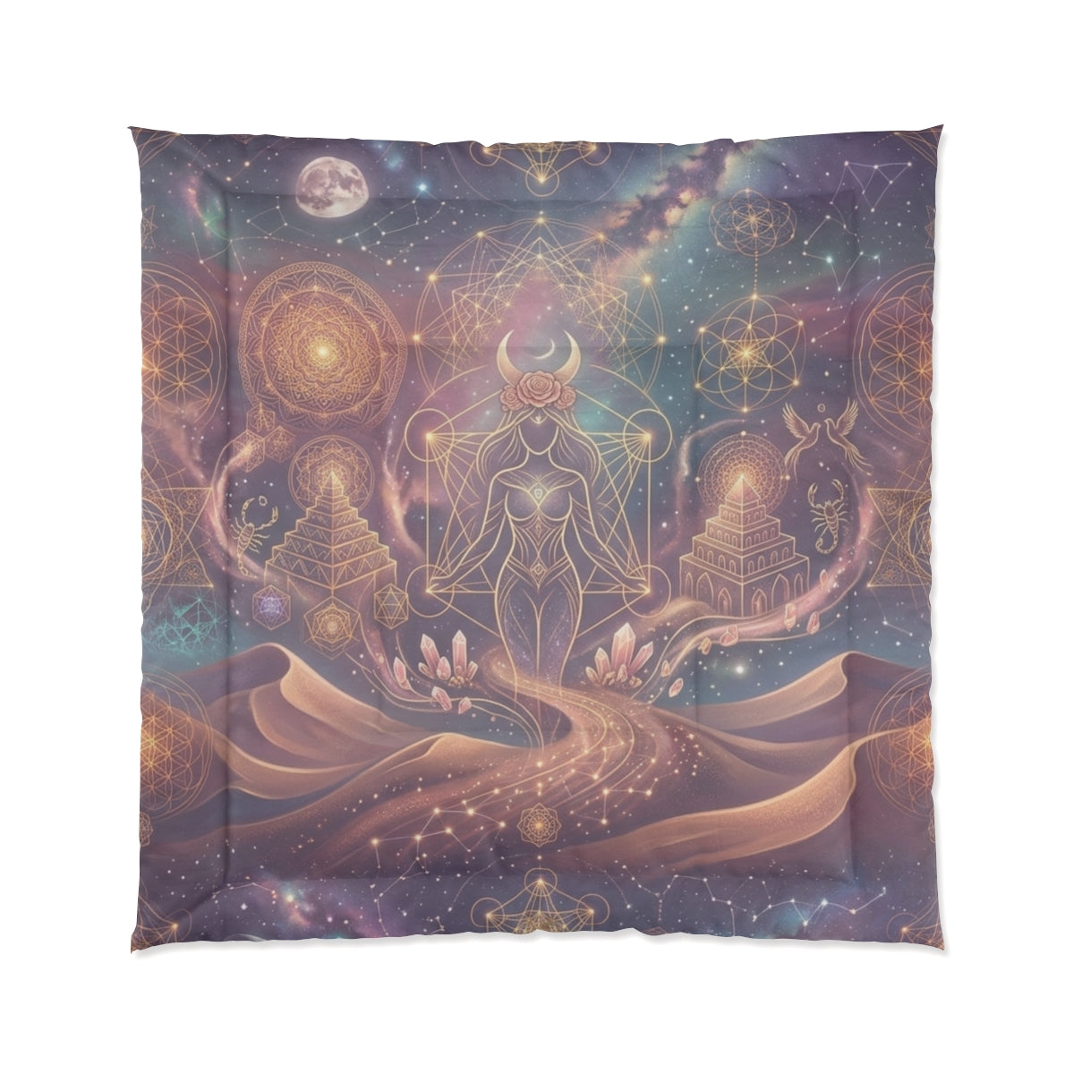 Sacred Geometry Astral Goddess Comforter | Cosmic Moonlight Mandala Bedding