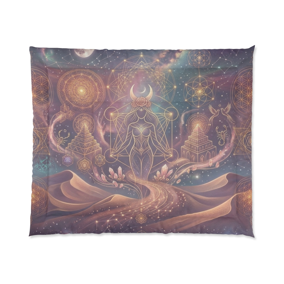 Sacred Geometry Astral Goddess Comforter | Cosmic Moonlight Mandala Bedding