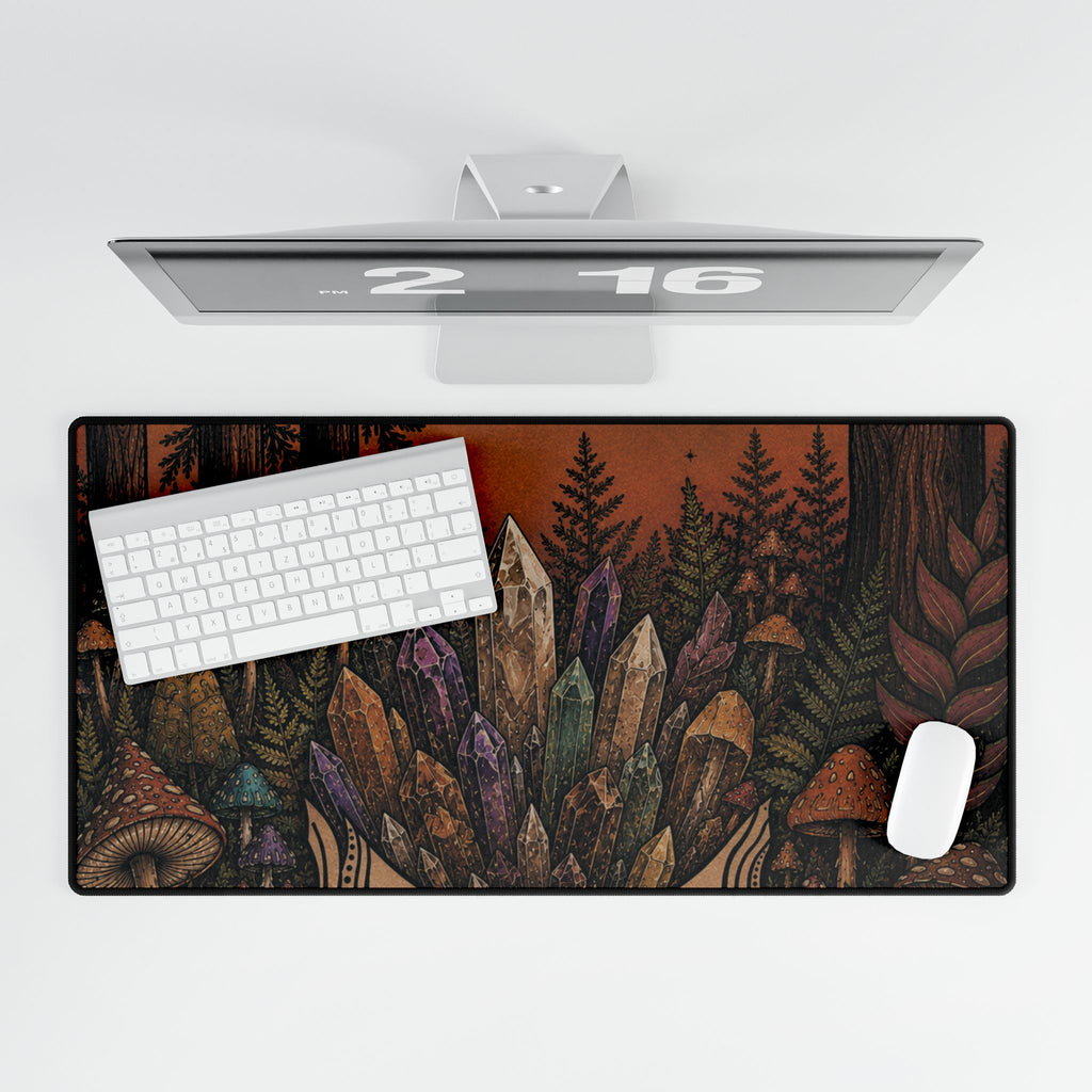Crystal Cluster Mushroom Forest Desk Mat | Boho Witchy Desk Mat