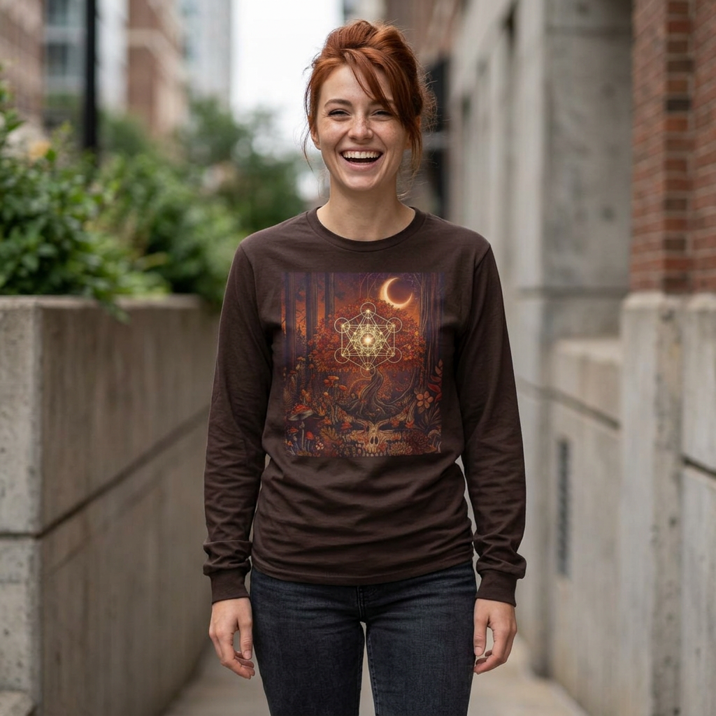 Mystic Crescent Mandala Long Sleeve Tee | Boho Moon Spiritual Art