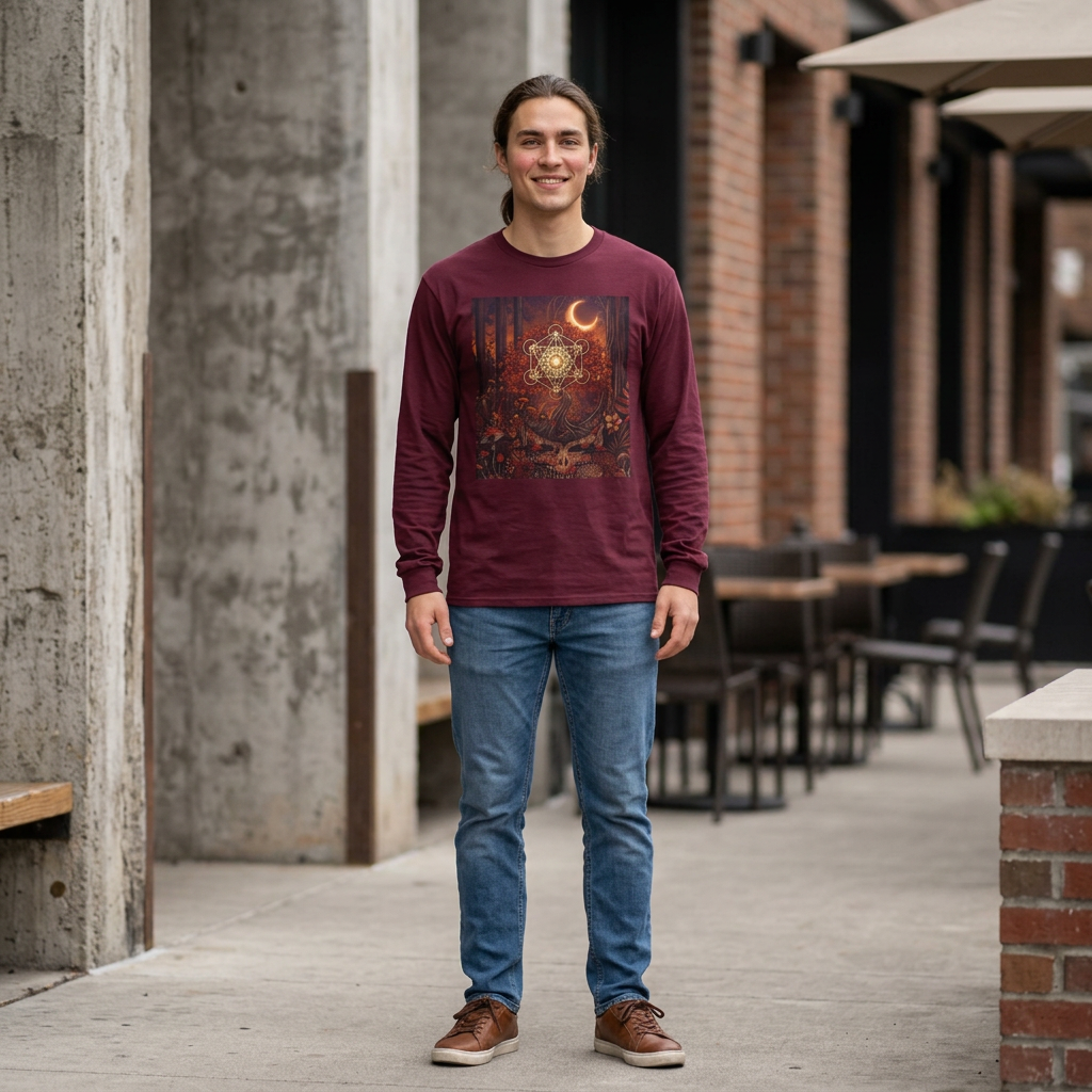 Mystic Crescent Mandala Long Sleeve Tee | Boho Moon Spiritual Art
