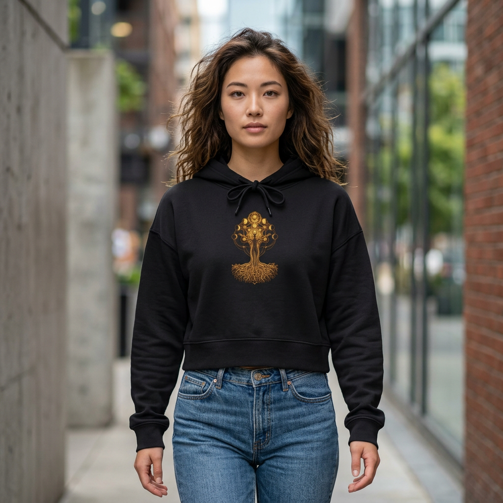 Golden Tree of Life Women's Cropped Hoodie | Botanical, Mystical Symbol, Burning Man Apparel, Deadhead gift , Divine Woman