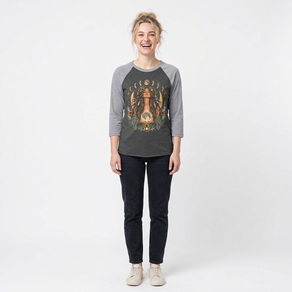 Moon Goddess Illustration Raglan Tee | Celestial Woman, Phases of the Moon