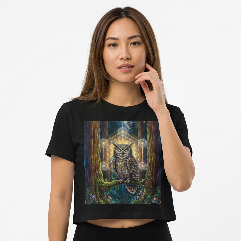 Mystical Owl Artwork Baby Tee | Forest Spirit, Geometric Light