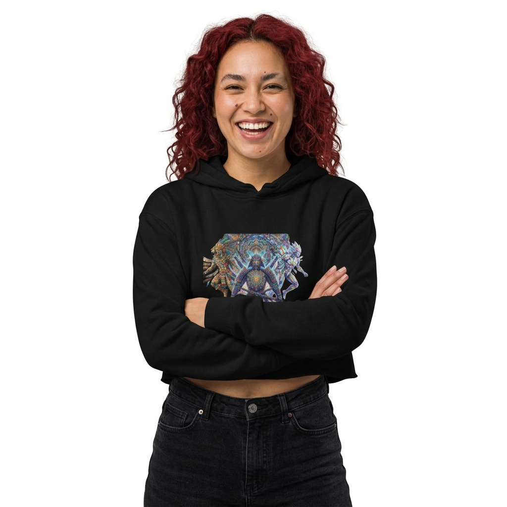 Psychedelic Geometric Turtle Crop Hoodie | Trippy Ocean Mandala