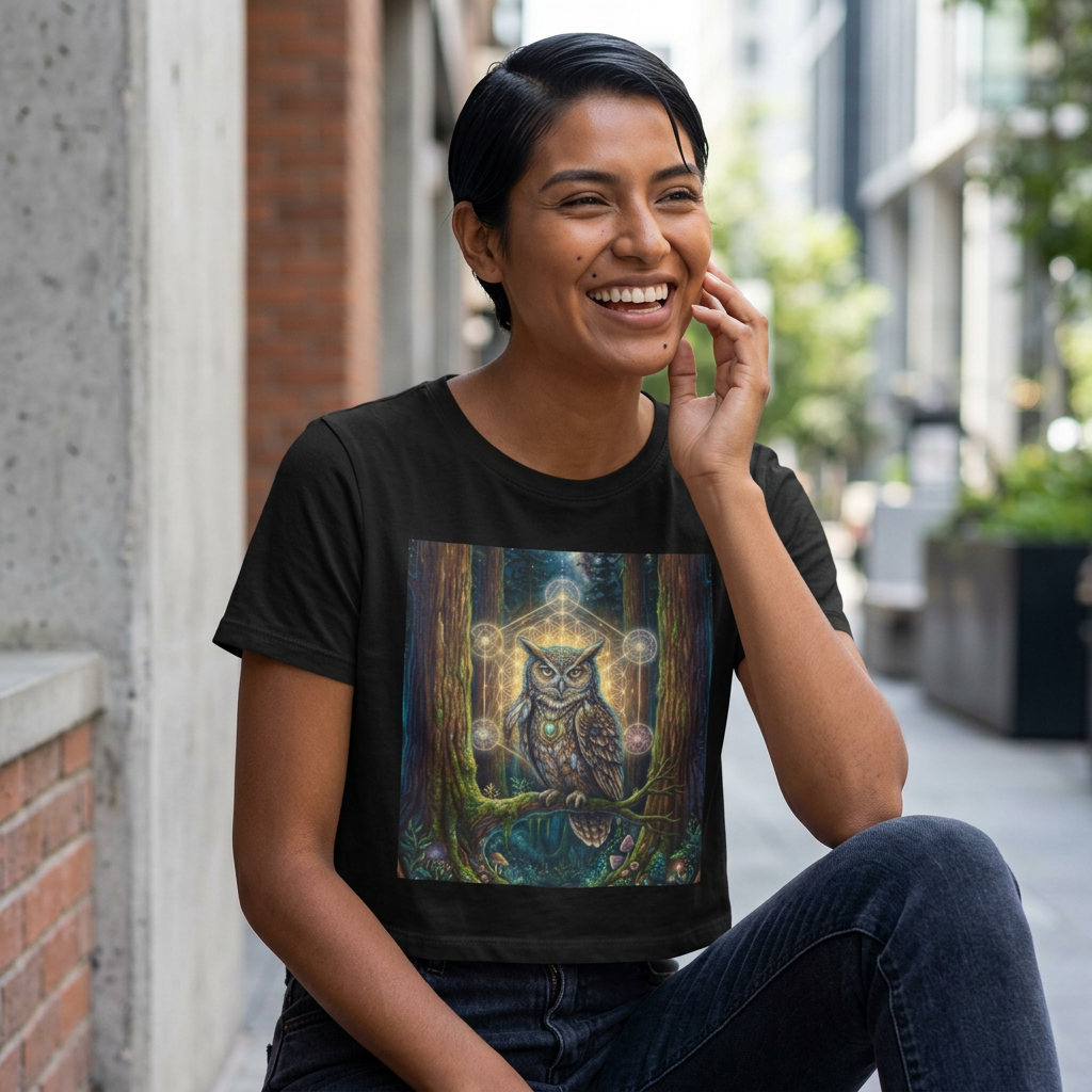 Mystical Owl Artwork Baby Tee | Forest Spirit, Geometric Light