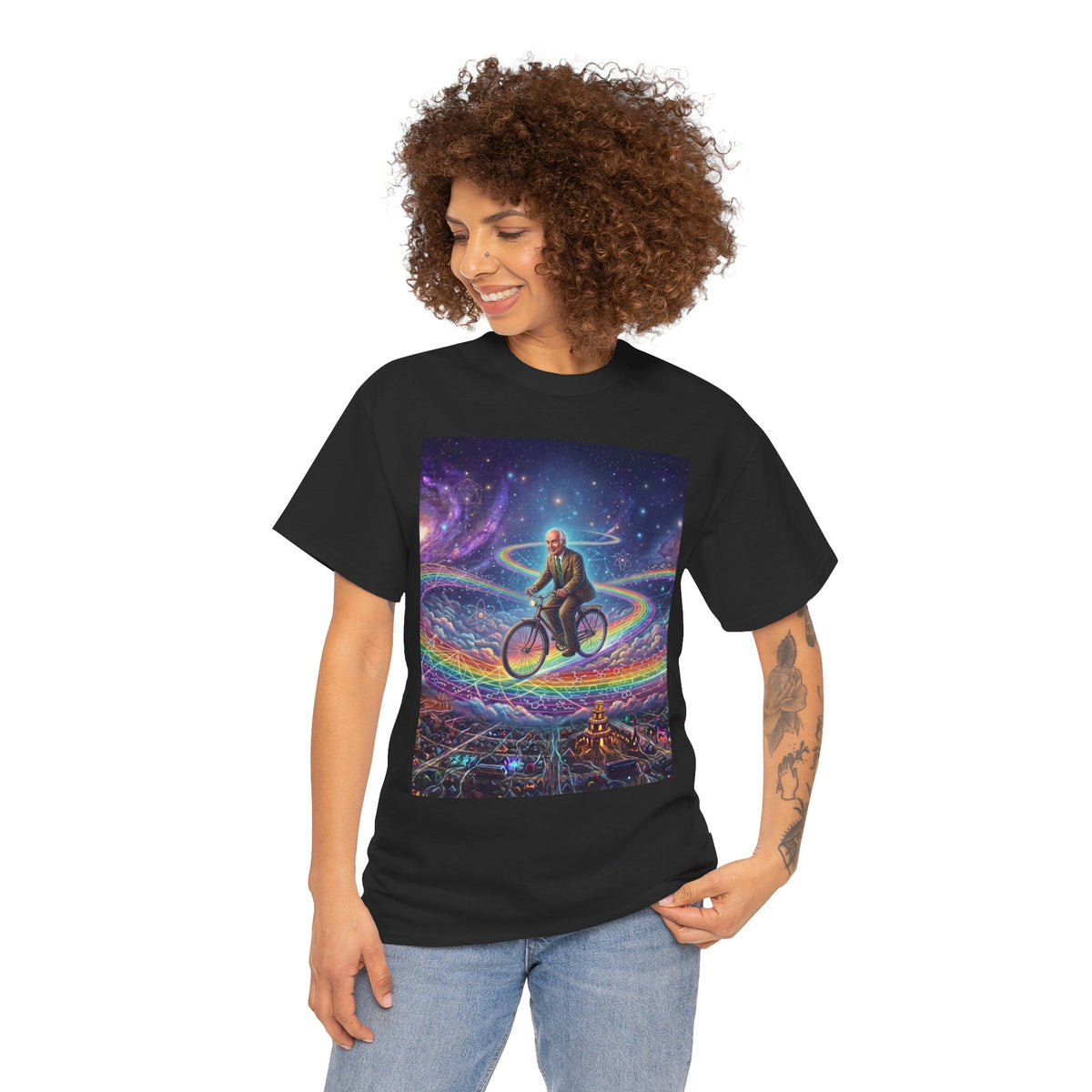 Albert Hoffman Riding Bicycle Through Rainbow Galaxy T-Shirt | Surreal Cosmic Art, Deadhead Gift