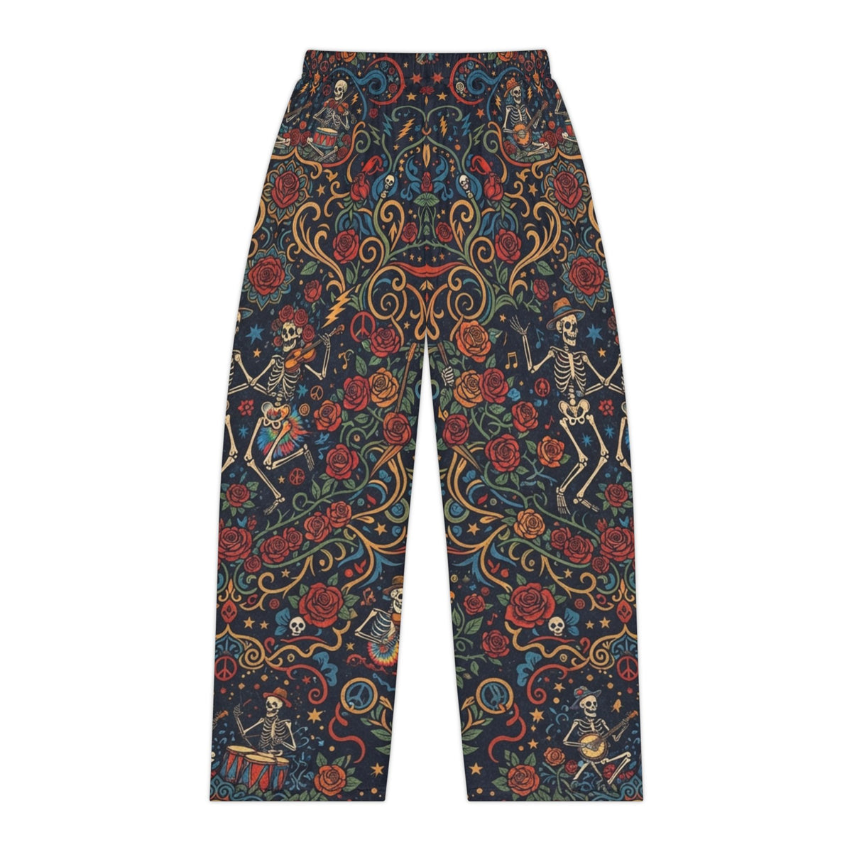 Ornate Deadhead Skeleton Pajama All-Over Print Loungewear Sleep Bottoms, Psychedelic Sacred Geometry Hippie Festival Pjs