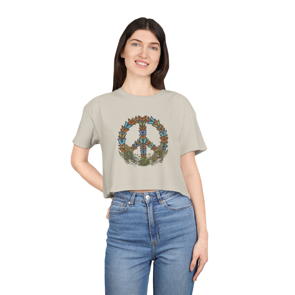 Floral Butterfly Peace Sign Crop Tee | Boho Nature Hippie Shirt