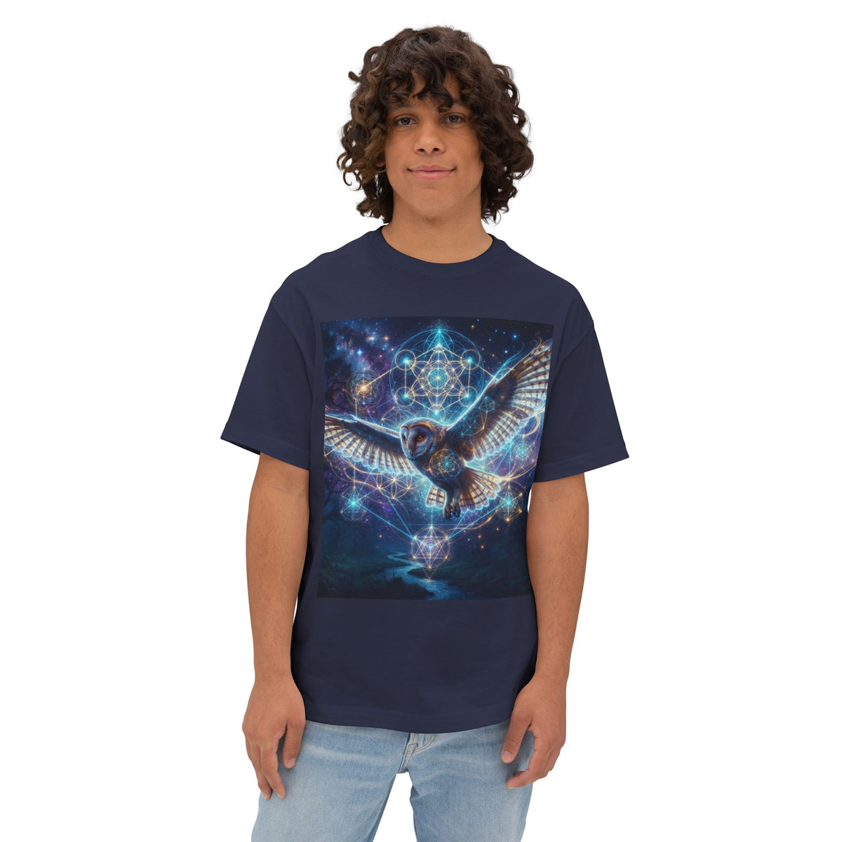 Celestial Owl Flight Tee | Sacred Geometry Night Sky