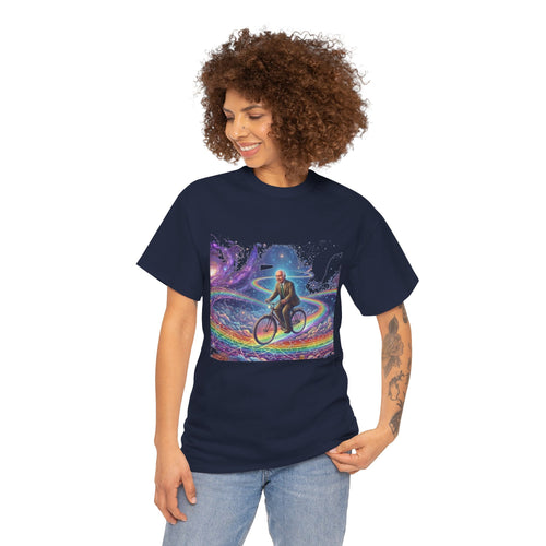 Albert Hoffman Surreal Cosmic Bicycle Rider T-Shirt | Rainbow Galaxy Cyclist, Deadhead gift