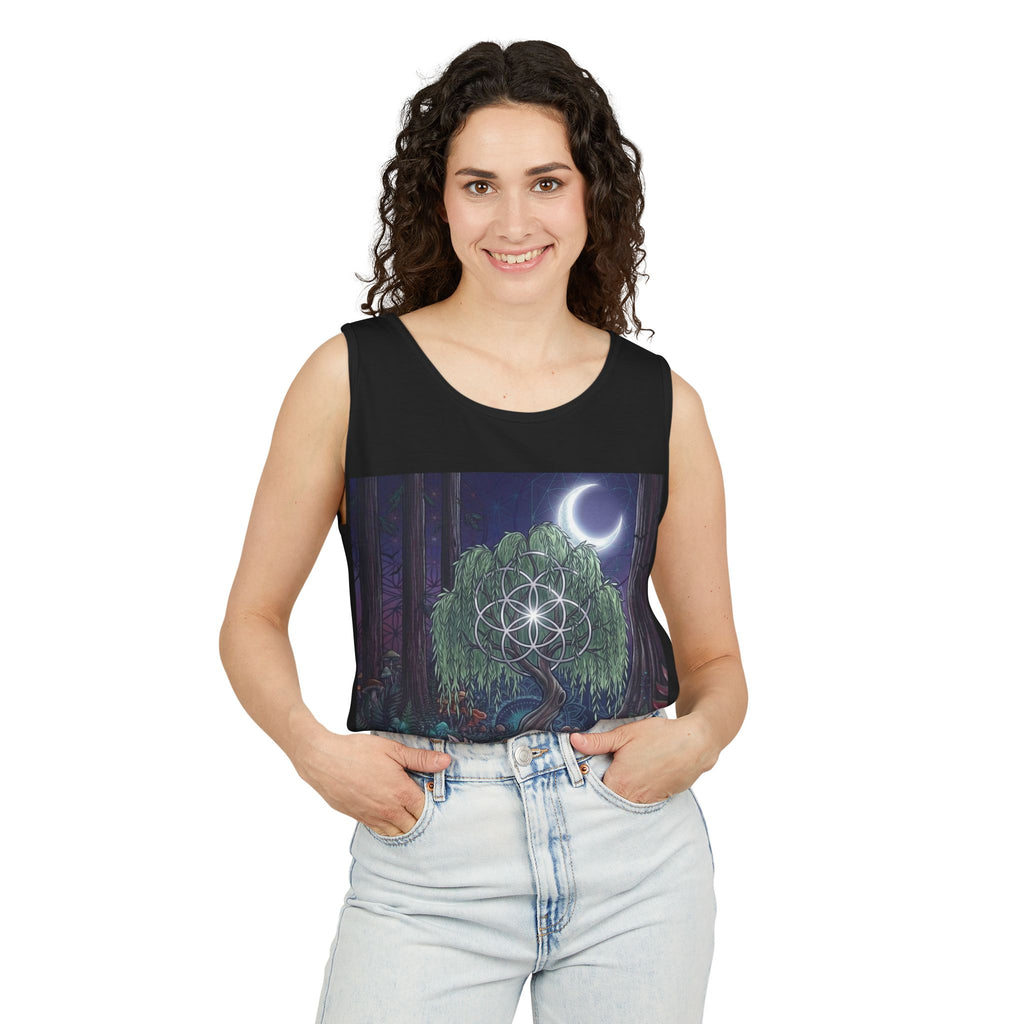 Mystical Moonlit Forest Tree Tank Top | Crescent Moon, Geometric Flower of Life
