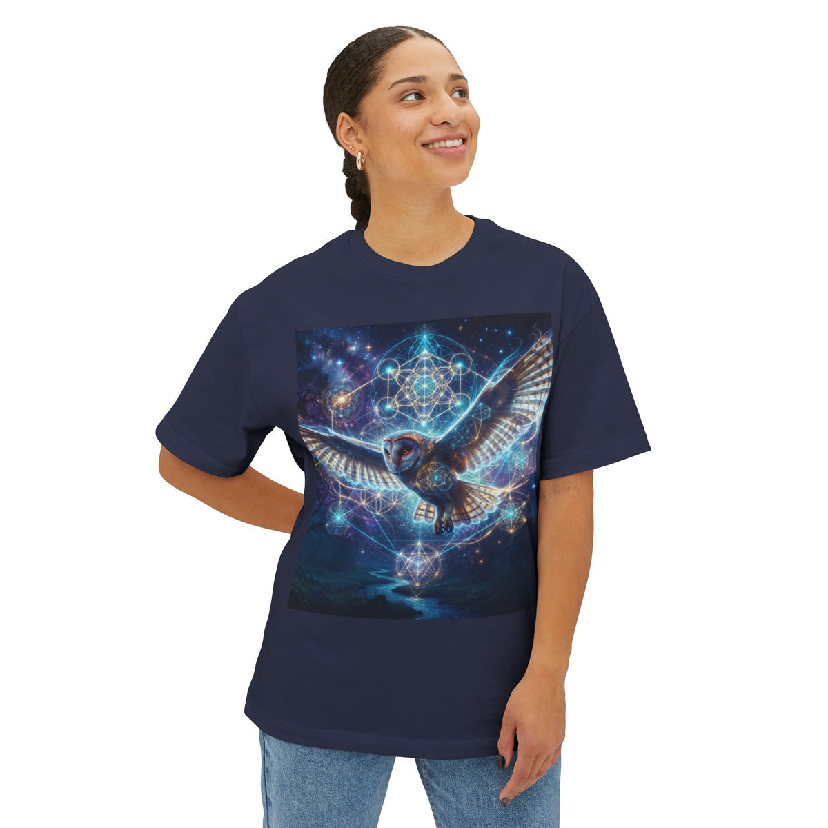 Celestial Owl Flight Tee | Sacred Geometry Night Sky