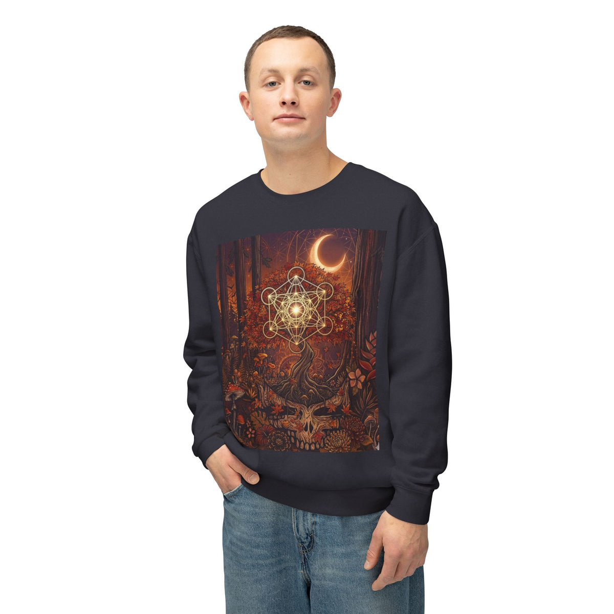 Forest Skull with Sacred Geometry Sweatshirt | Crescent Moon, Autumn Mushroom Scene, deadhead gift