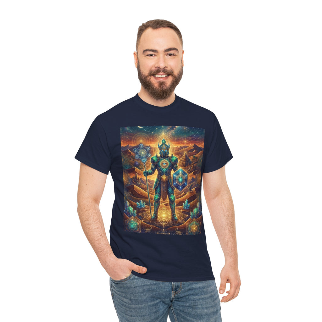 Cosmic Guardian Warrior T-Shirt | Mystic Geometric Armor, Starglow Artwork