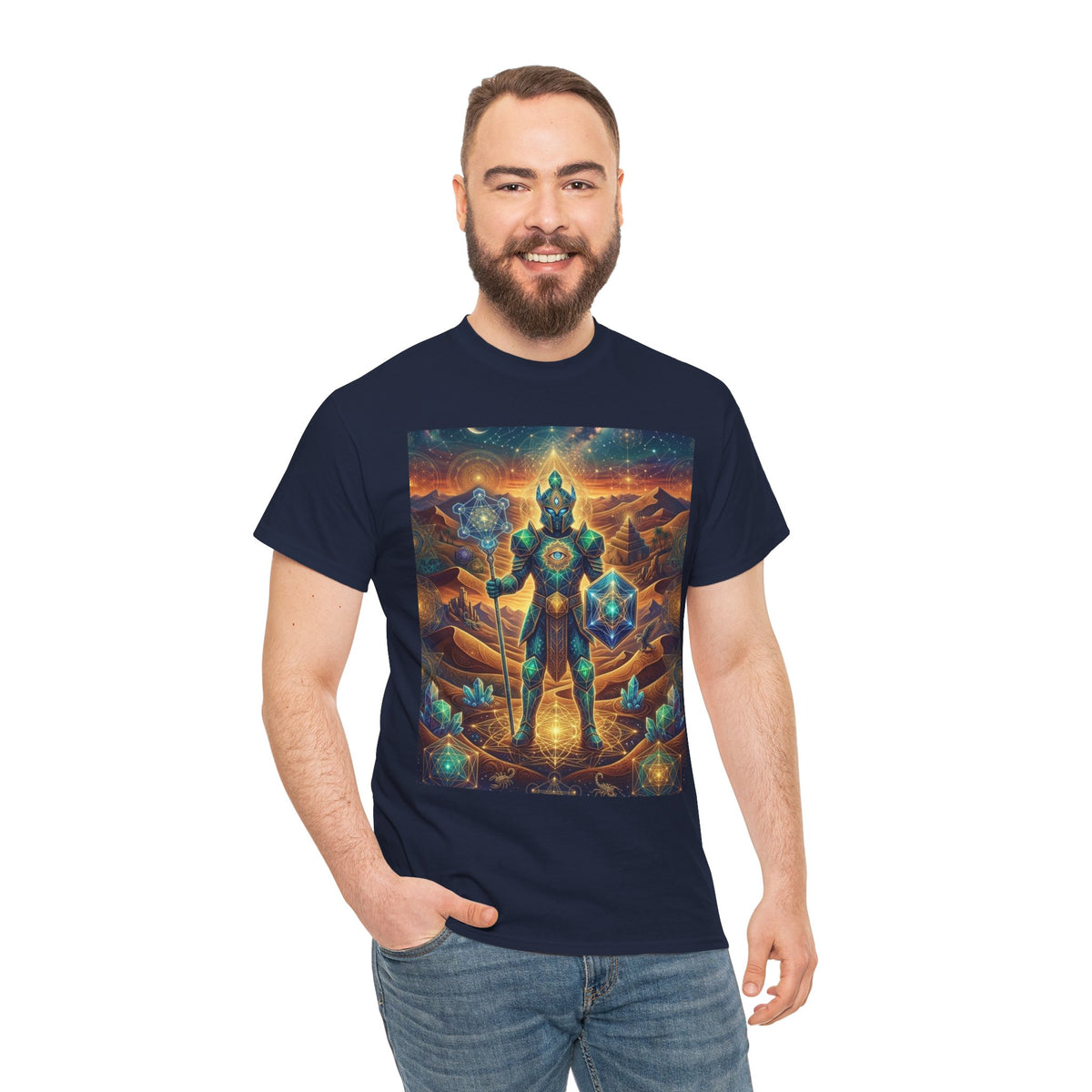 Cosmic Guardian Warrior T-Shirt | Mystic Geometric Armor, Starglow Artwork