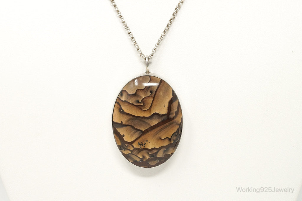 Vintage Unsigned Native American Large Picture Jasper Sterling Silver Necklace
