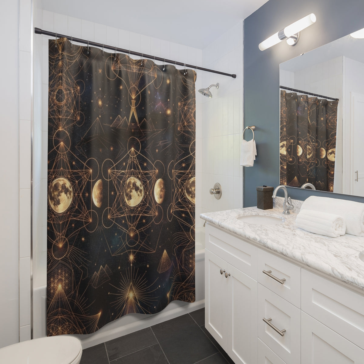 Celestial Moon Phases Shower Curtain | Mystic Astrology Pattern