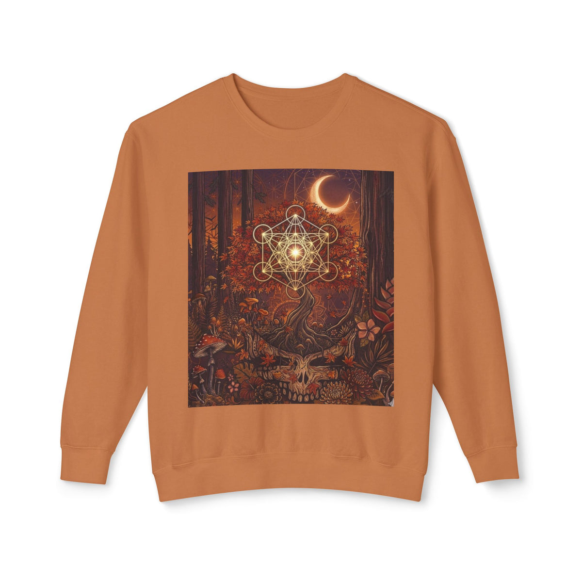 Forest Skull with Sacred Geometry Sweatshirt | Crescent Moon, Autumn Mushroom Scene, deadhead gift
