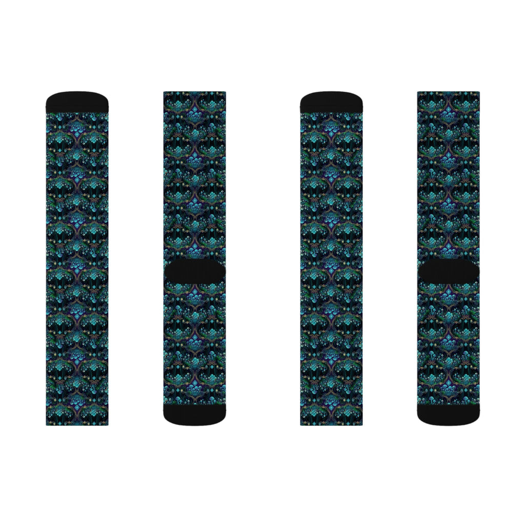 Teal Mushroom Socks Pattern Socks | Sublimation Crew Socks, Boho, Sacred Geometry