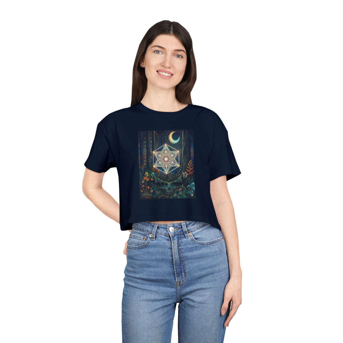 Celestial Geometric Star with Crescent Moon Crop Tee | Mystic Forest Night