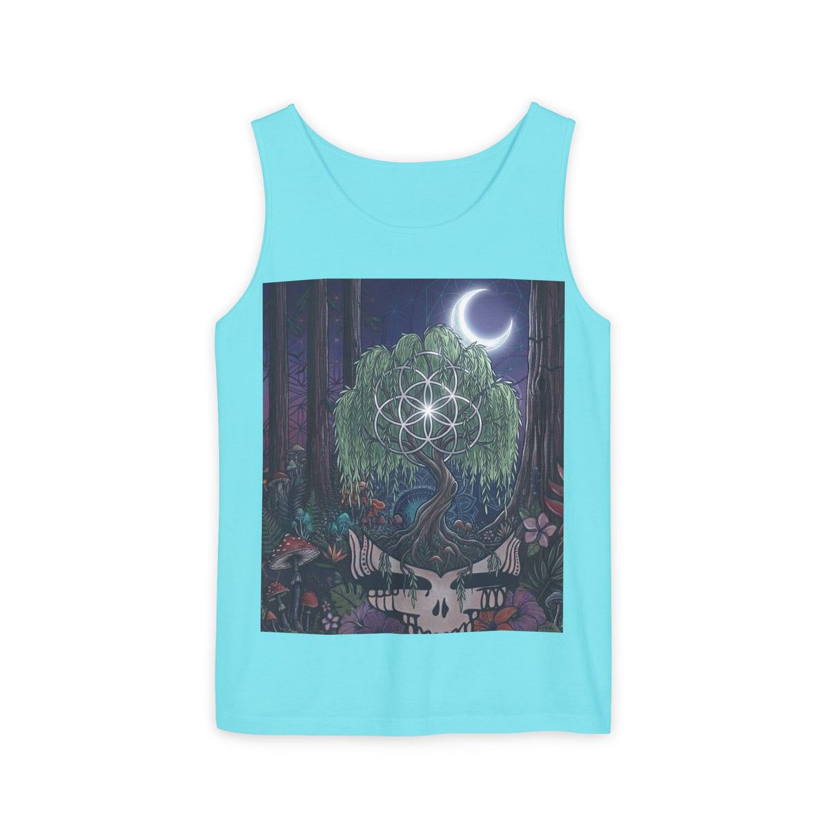 Mystical Moonlit Forest Tree Tank Top | Crescent Moon, Geometric Flower of Life