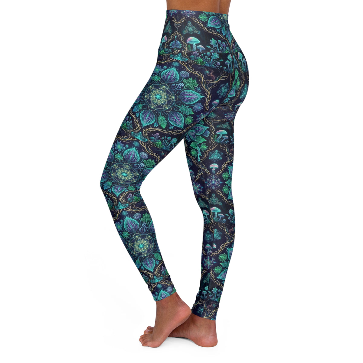 Festival apparel Teal Floral Vine Pattern Leggings High Waisted Yoga Leggings | Mystic Botanical Print